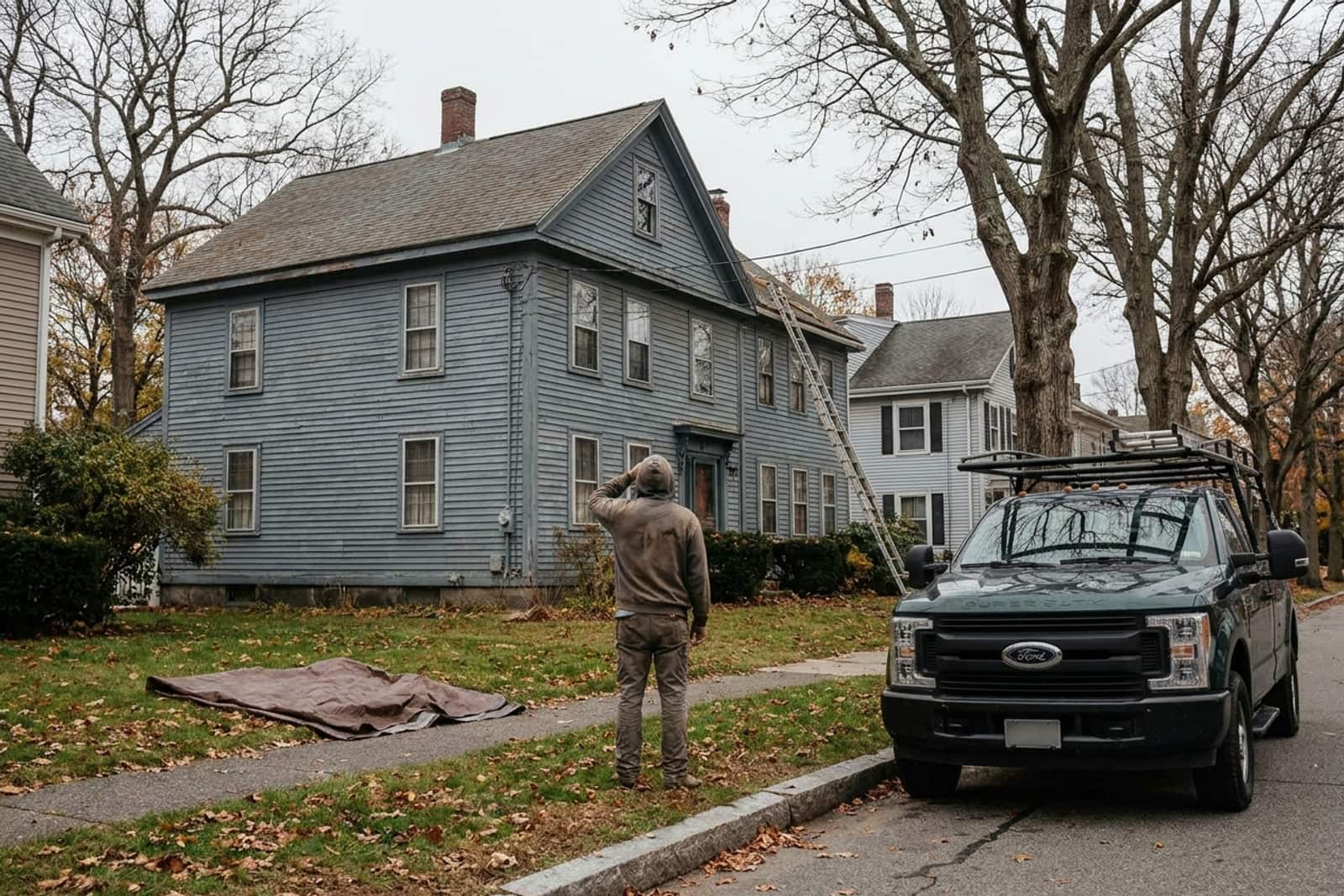 A contractor seen from behind looking up at the roof of an older clapboard house from the front lawn.