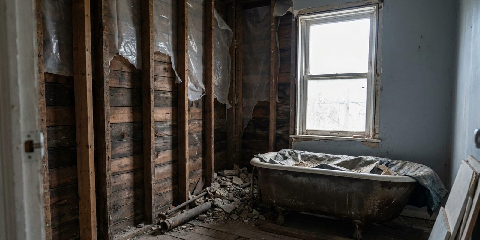 A small bathroom mid-renovation with exposed studs and an old cast iron tub removed.