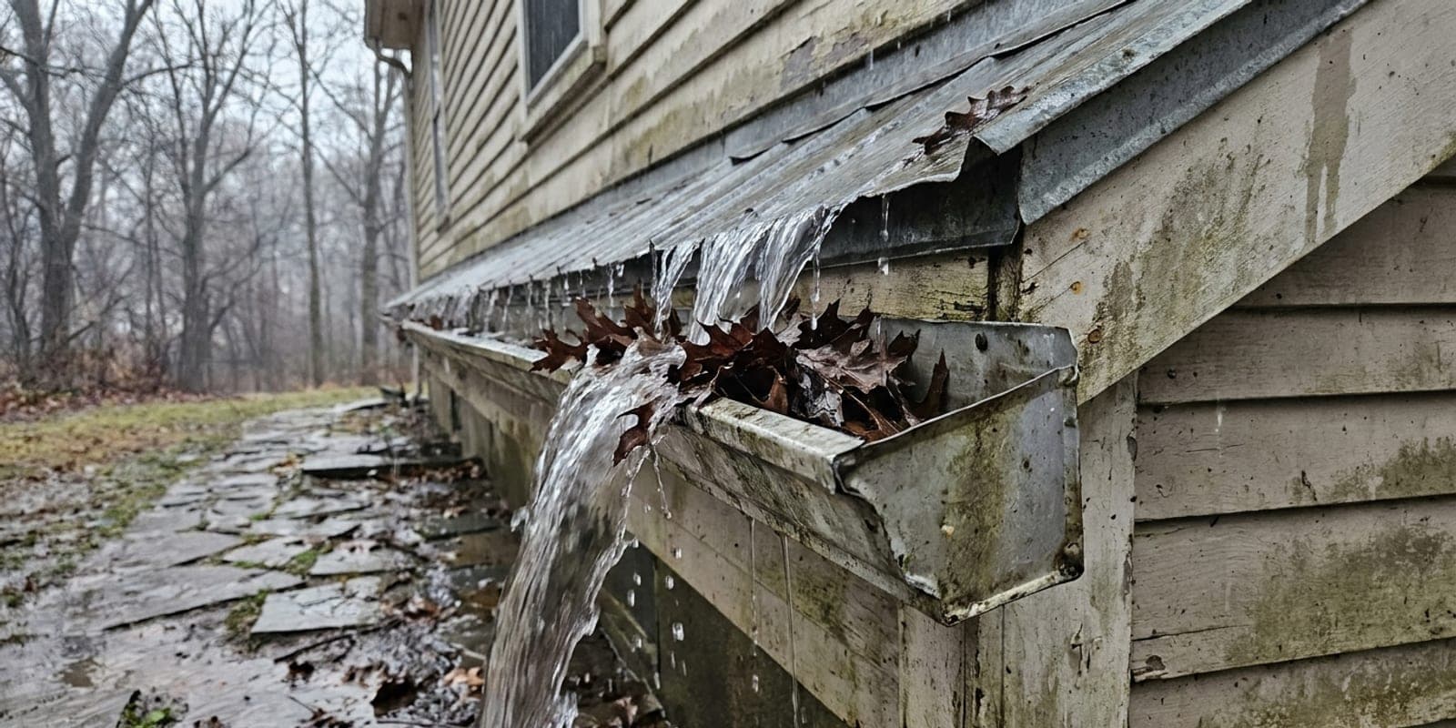 A gutter overflowing in heavy rain with wet oak leaves packed in the trough.