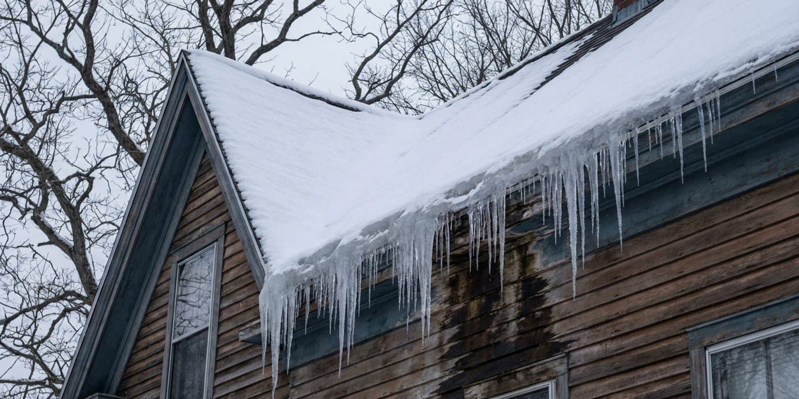 An ice dam with icicles built up along the snow-covered eave of an older house.