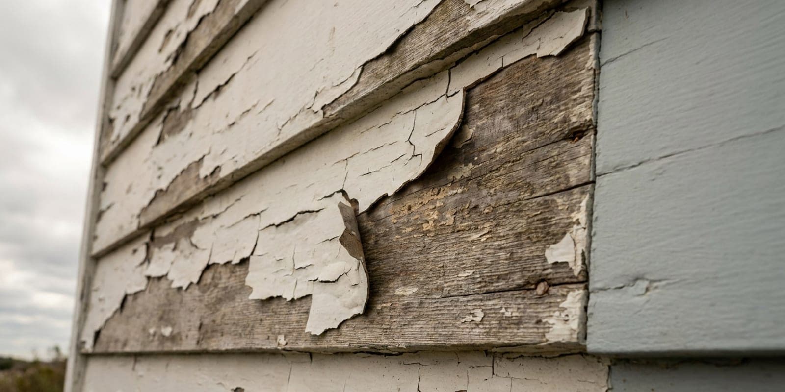 Cracked and lifting paint on wood clapboard siding with bare weathered wood showing through.