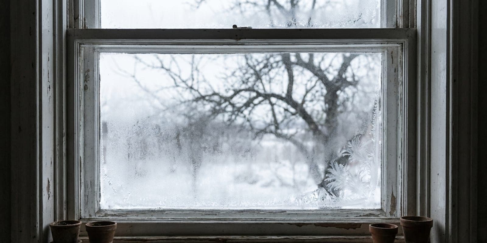 An old double hung window with condensation and frost at the corners of the glass.