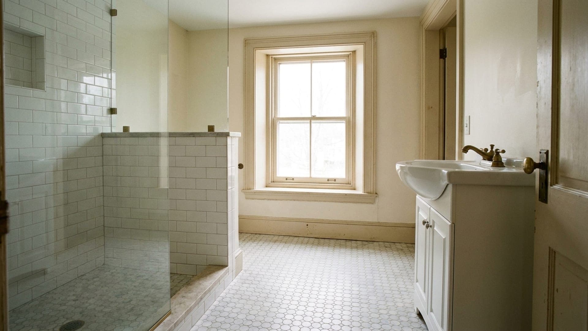A compact bathroom with a white subway tile walk-in shower and a double hung window with a deep sill.