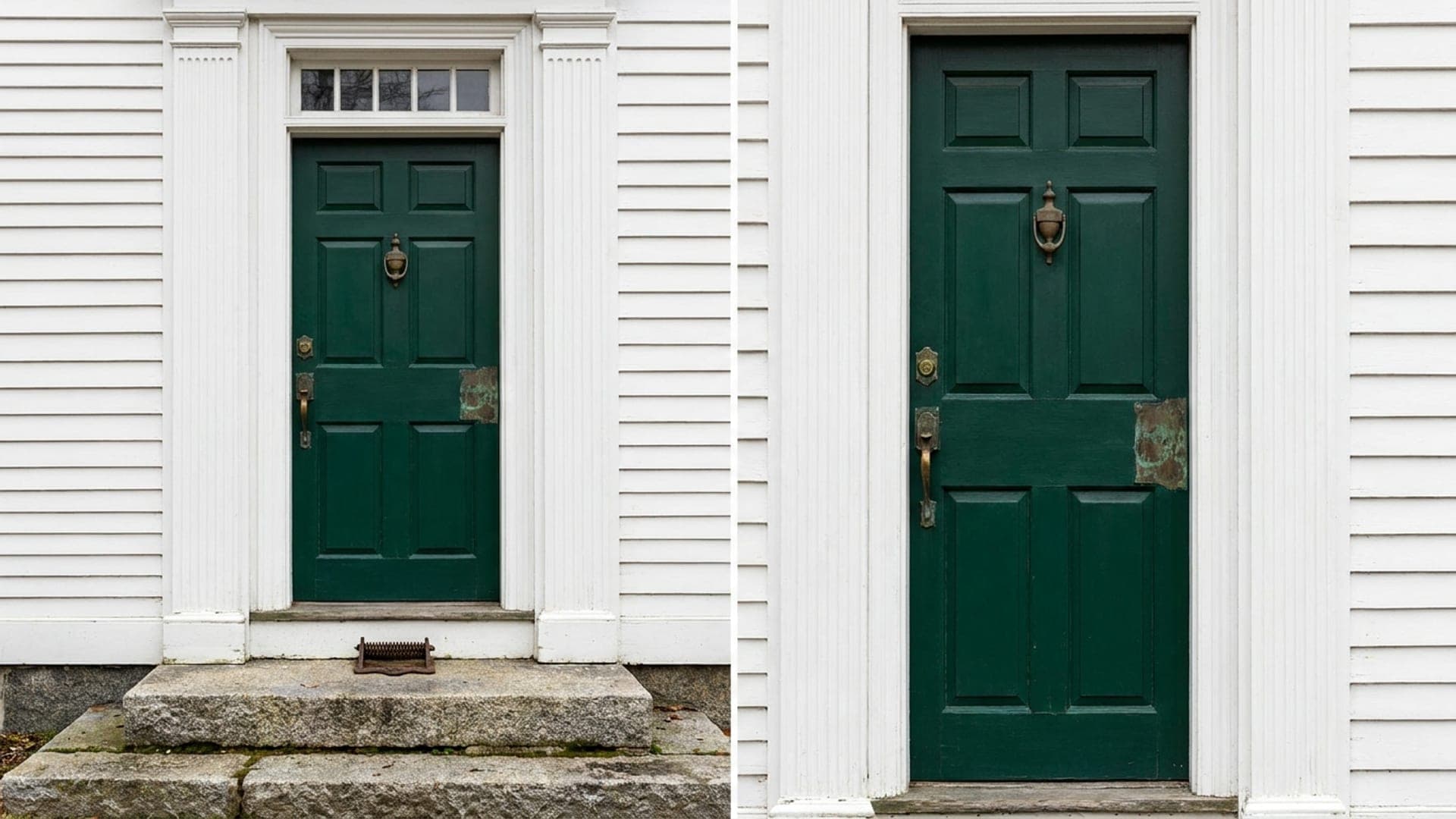 A green six panel front door with a transom above, set in white clapboard with granite steps.