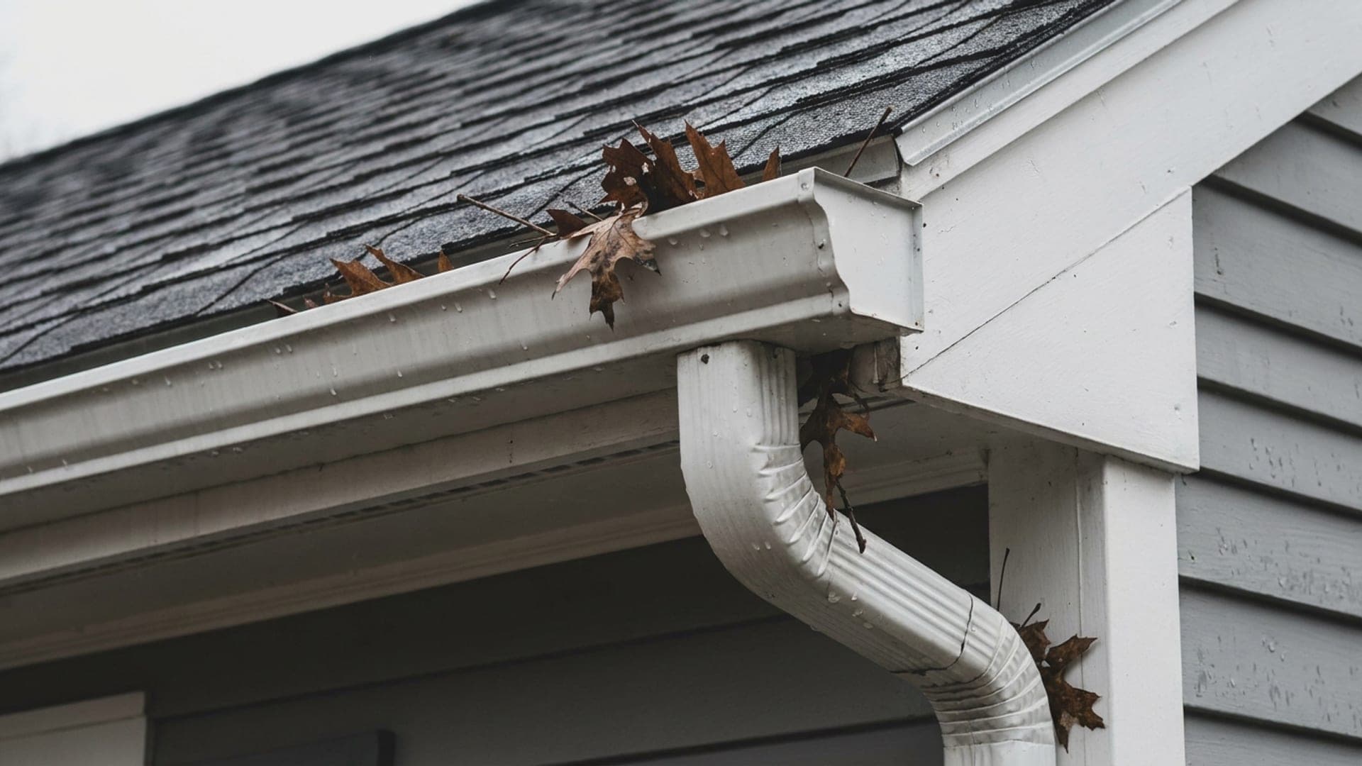 White K-style gutter and downspout along the eave of a house, with wet oak leaves caught in the trough.