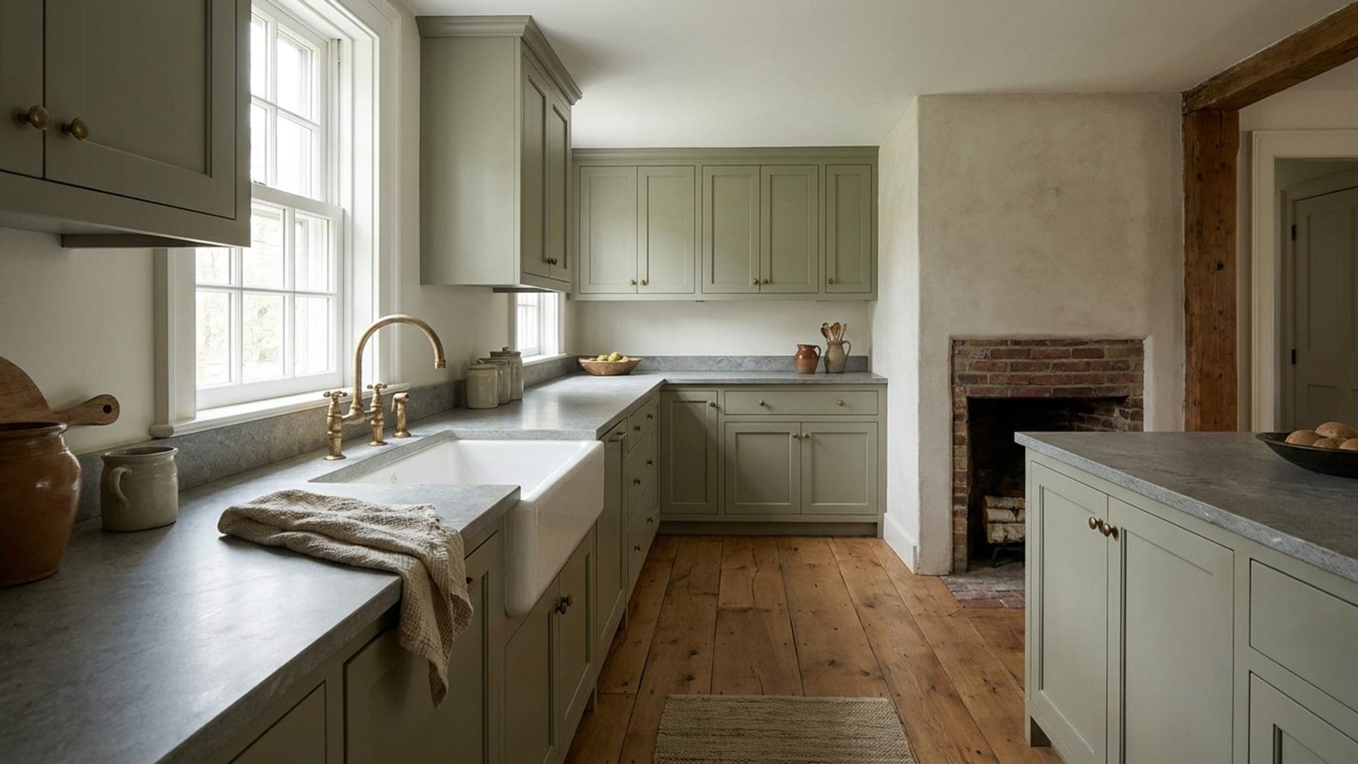 A renovated kitchen with sage green shaker cabinets, a farmhouse sink, and a plastered chimney chase.
