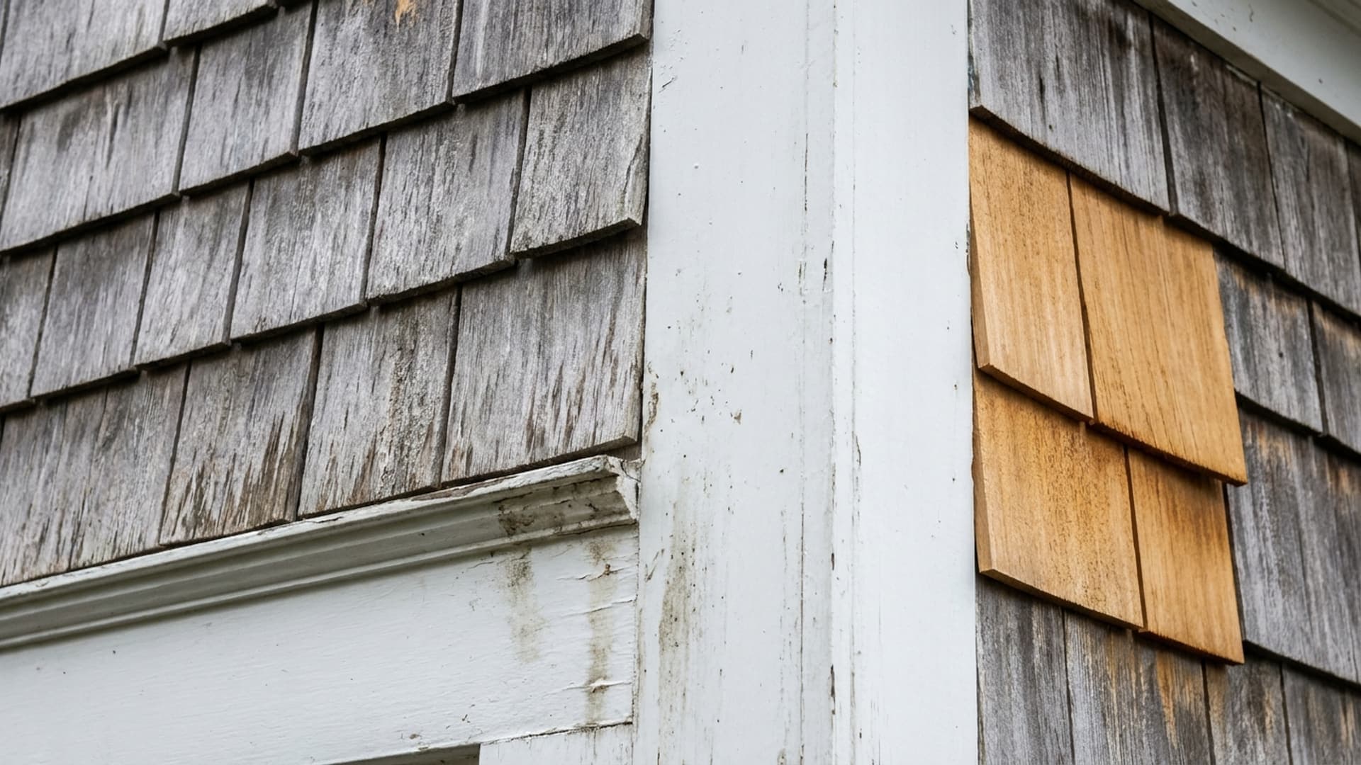 Weathered grey cedar shingle siding meeting white corner trim, with newer shingles showing the colour difference.