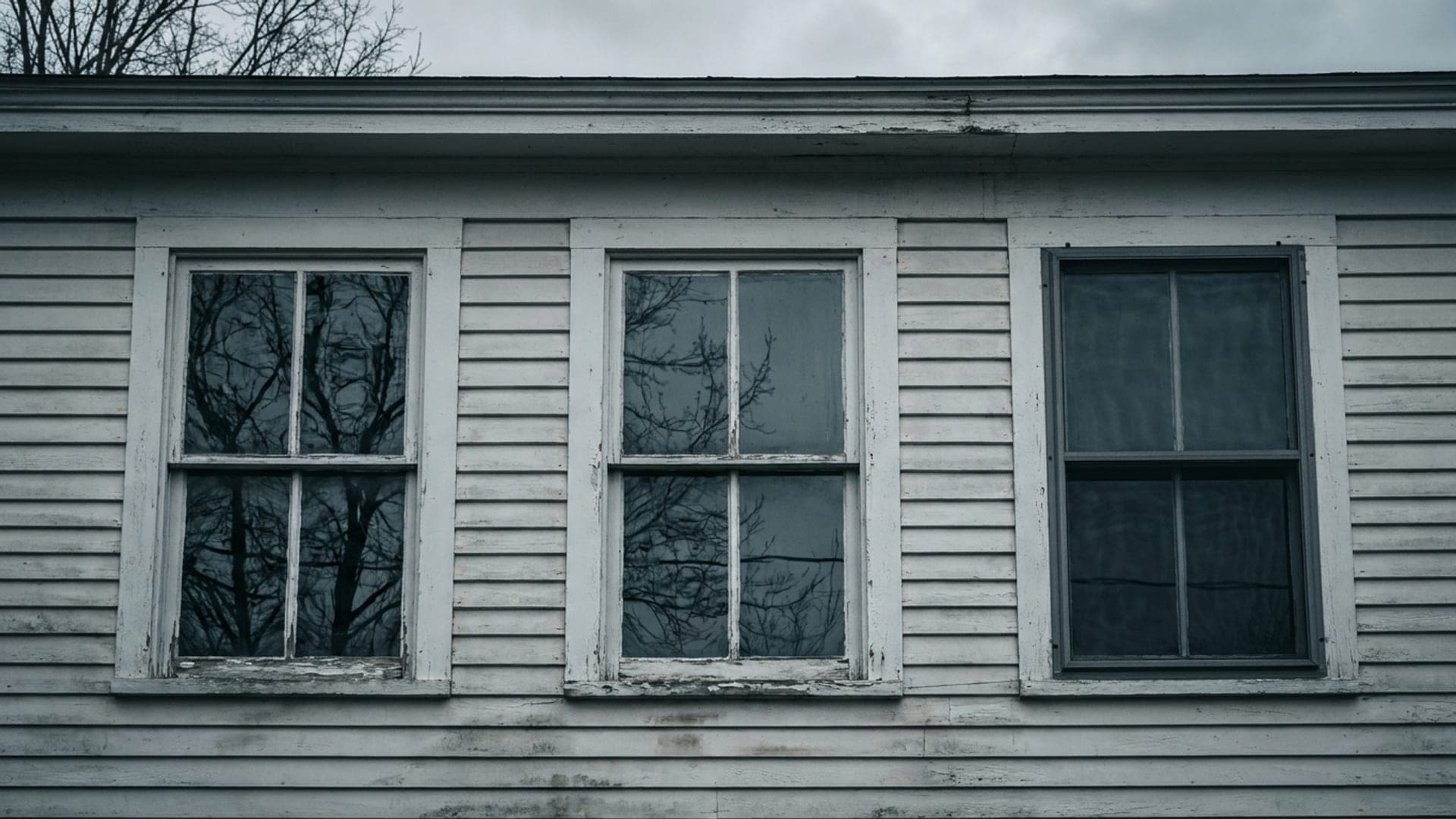 Three double hung windows with flat casings on the clapboard wall of a nineteenth century house.