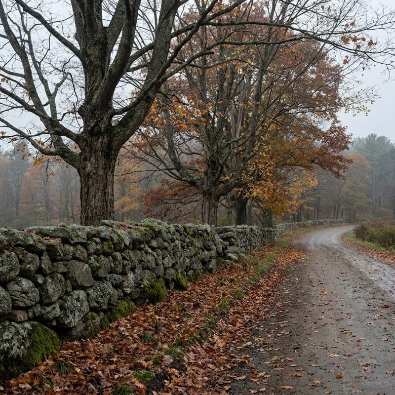 A mossy fieldstone wall running along the edge of a country road lined with maples.